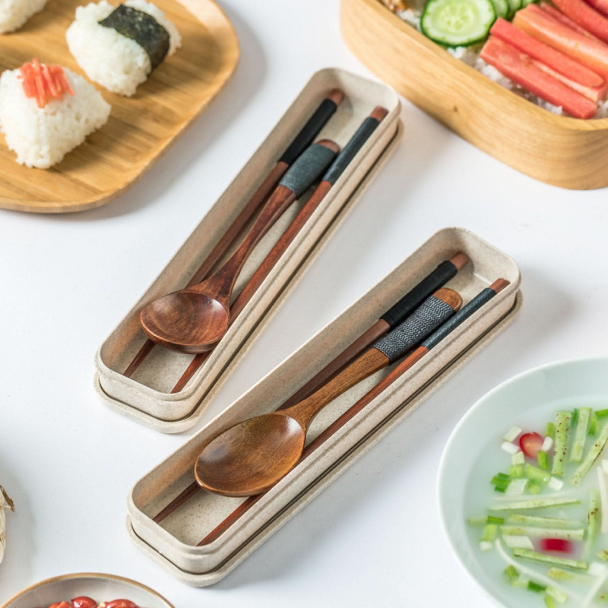 Portable Wood Utensils With Case: natural wooden spoons, chopsticks, and chopstick rests on white background.